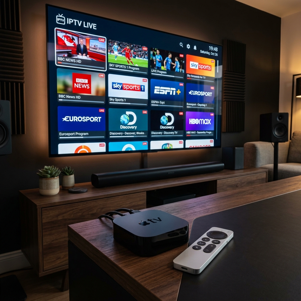 A premium Apple TV 4K box and Siri remote next to a smart TV streaming high-definition IPTV channels