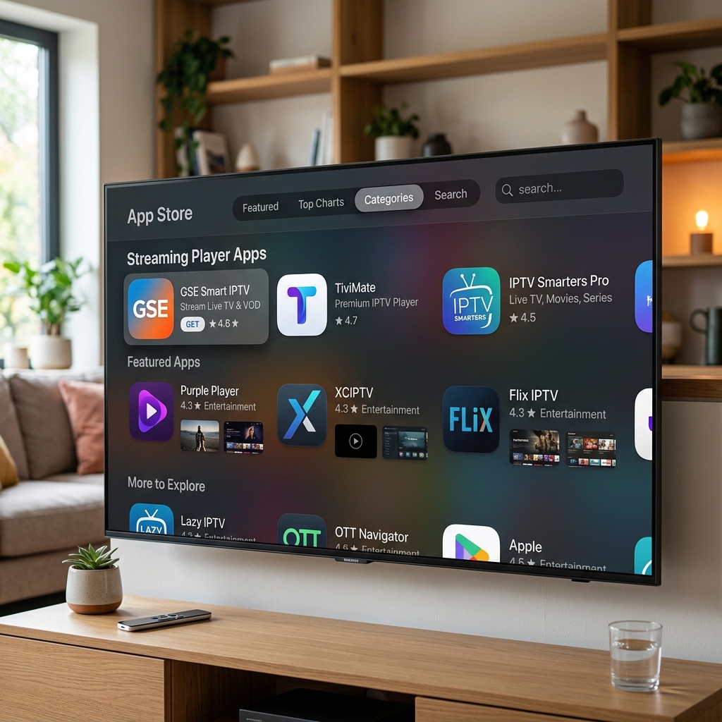 A mockup of the Apple TV tvOS App Store showing premium IPTV player options