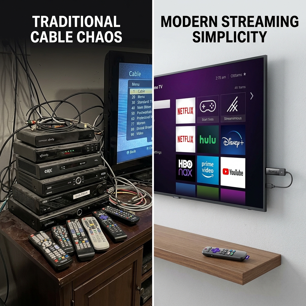 A side-by-side comparison of a cluttered traditional cable setup versus a clean, modern digital streaming setup