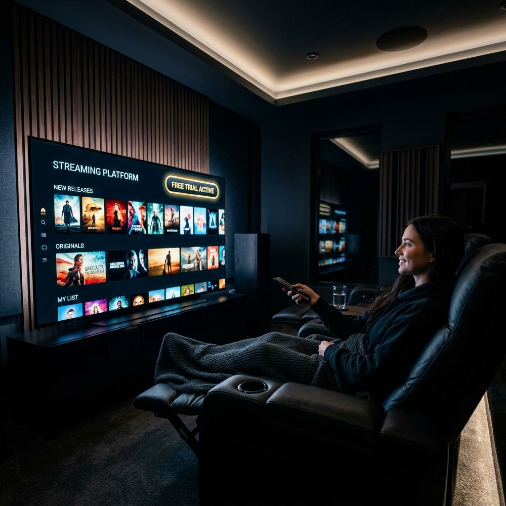 A cinematic hero image showing a person sitting comfortably in a dark home theater, pointing a remote at a premium streaming interface with a 'Free Trial Active' badge