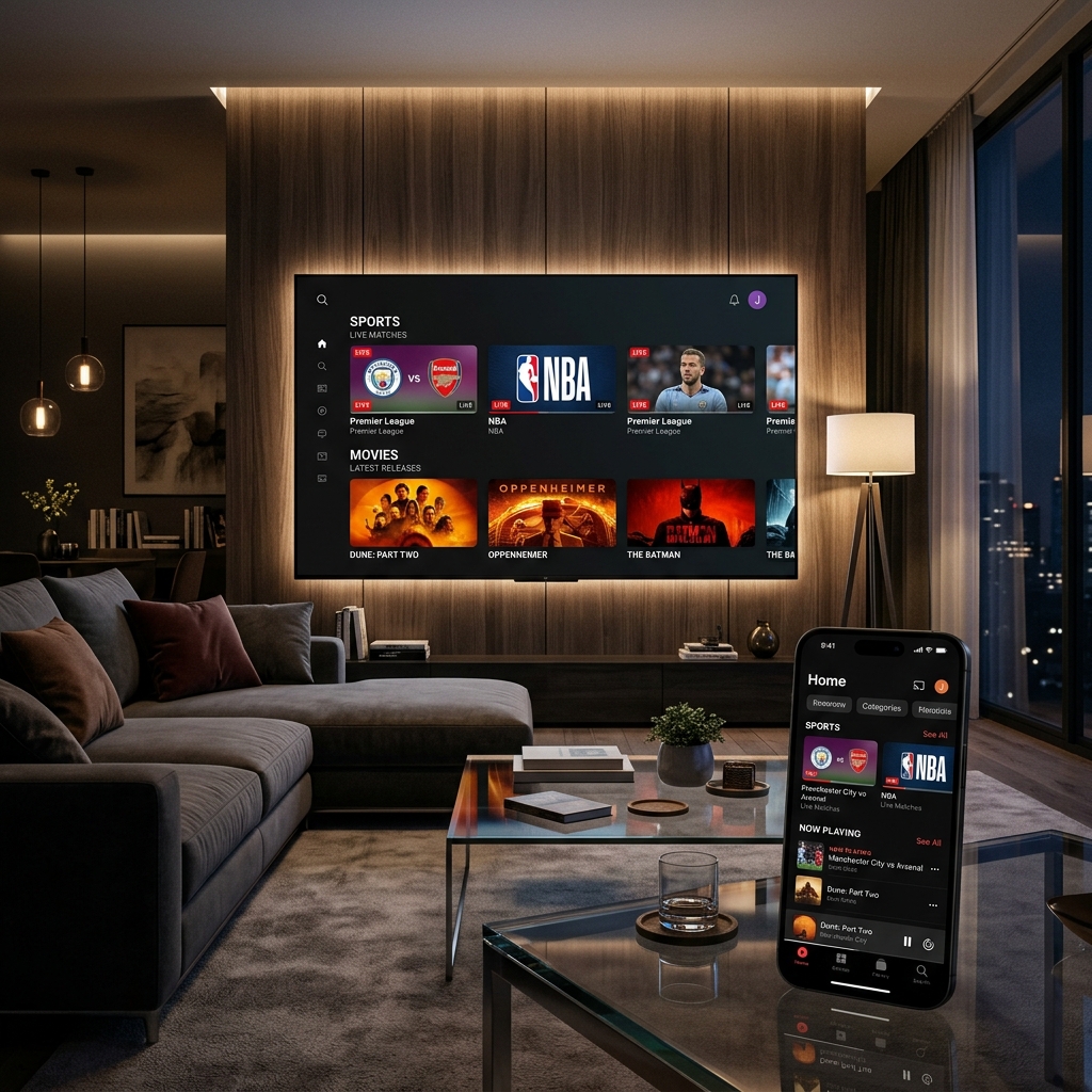 A high-resolution, photorealistic shot of a modern living room at night with a large 4K TV displaying a sleek streaming interface