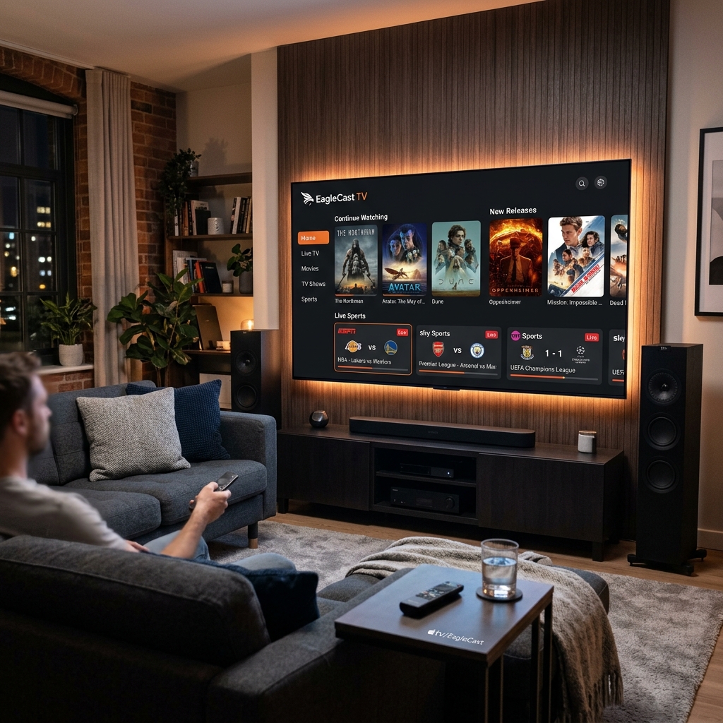 A modern living room showing a smart TV displaying the premium EagleCast TV user interface