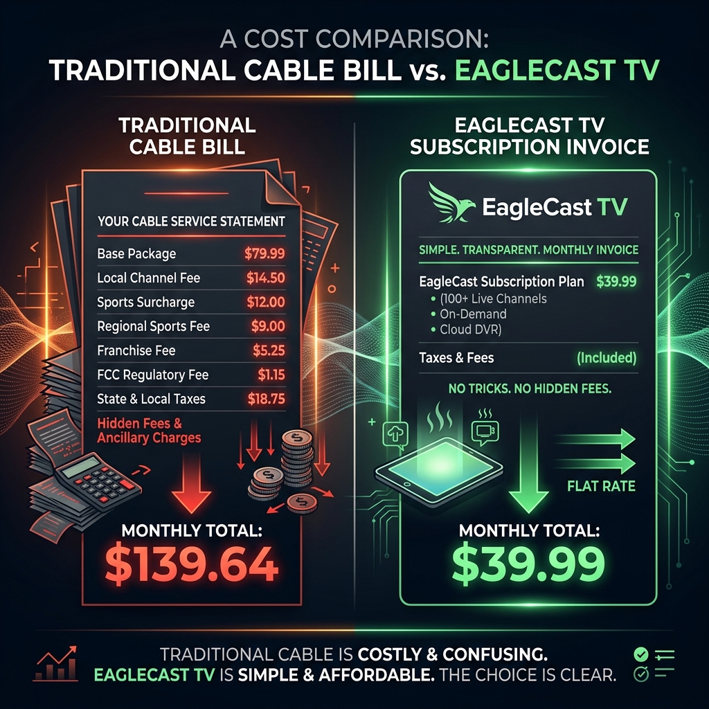 A clean, modern infographic comparing an expensive traditional cable bill filled with hidden fees against a simple, low-cost subscription invoice for EagleCast TV
