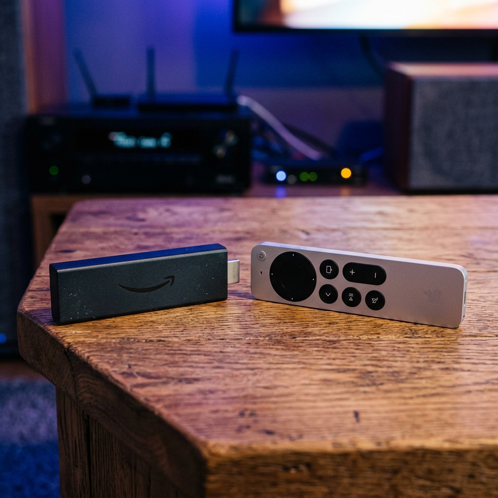 An Amazon Firestick 4K and an Apple TV Siri remote resting on a textured wooden console