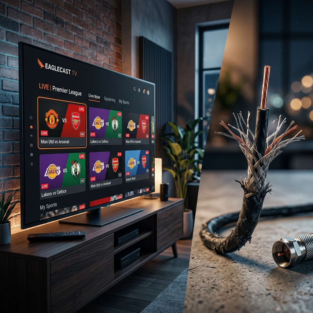 A high-quality 16:9 premium graphic showing a modern smart TV displaying a sleek, dark-themed sports streaming interface on the left, and a severed coaxial cable wire on the right