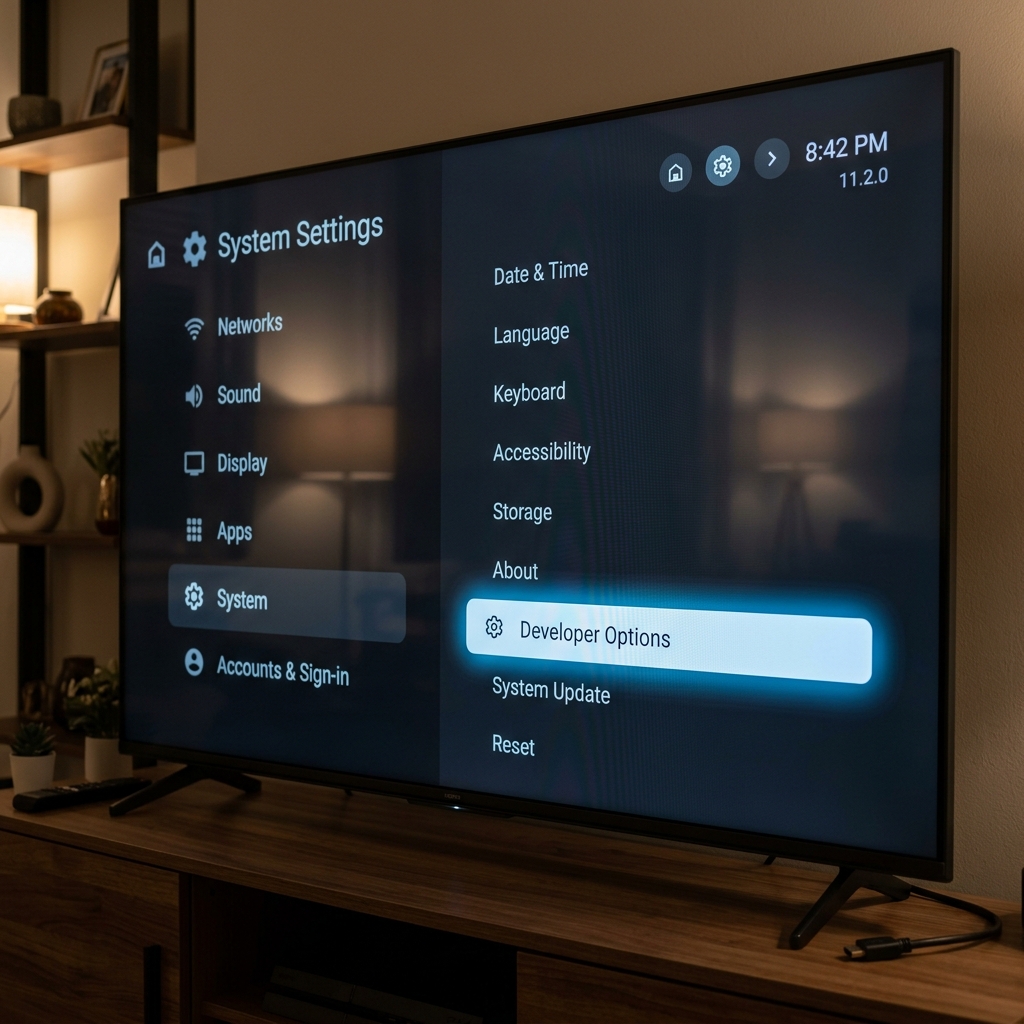 The Amazon Fire TV settings menu highlighting the Developer Options and Apps from Unknown Sources toggle