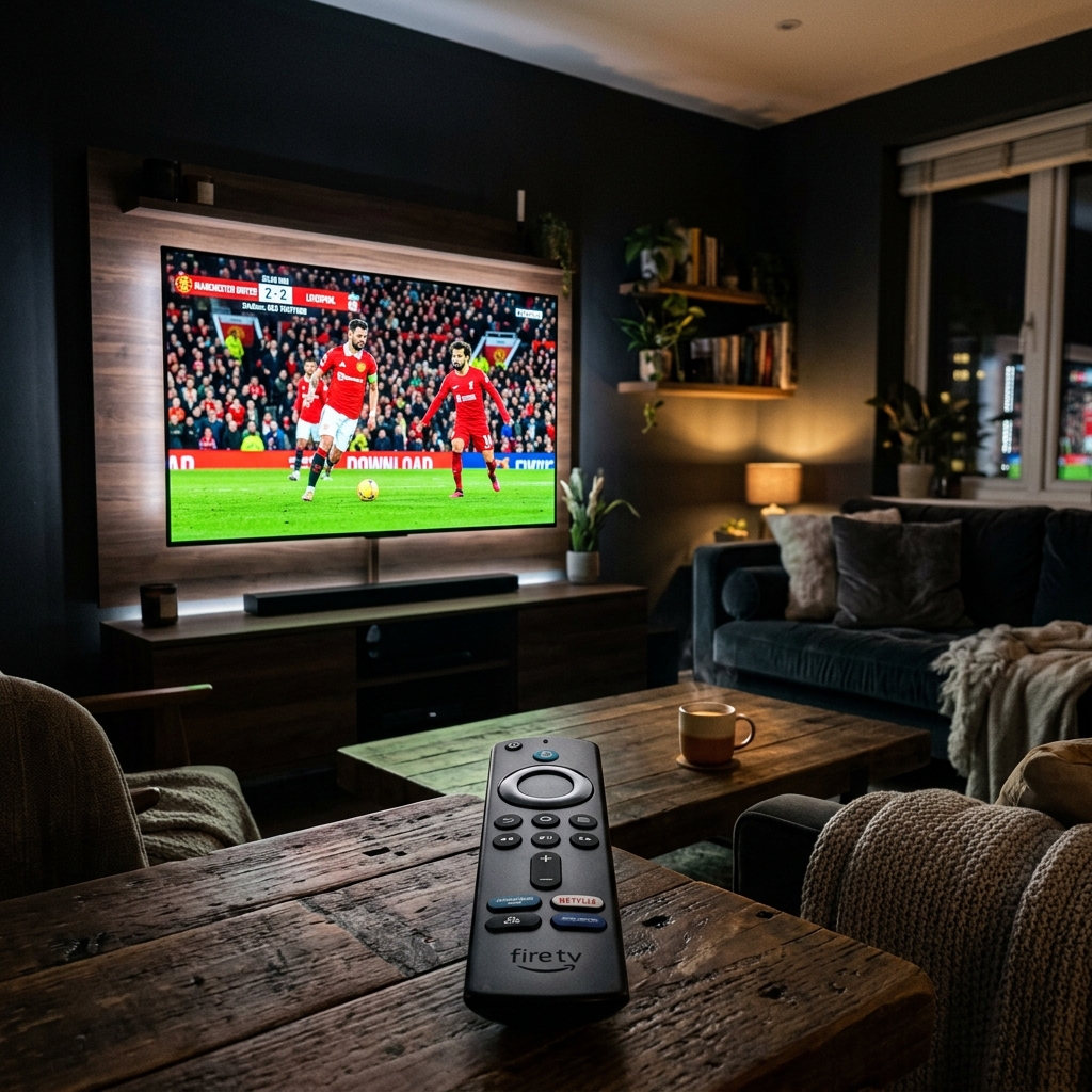 A modern TV displaying an IPTV channel interface with an Amazon Firestick remote resting in the foreground