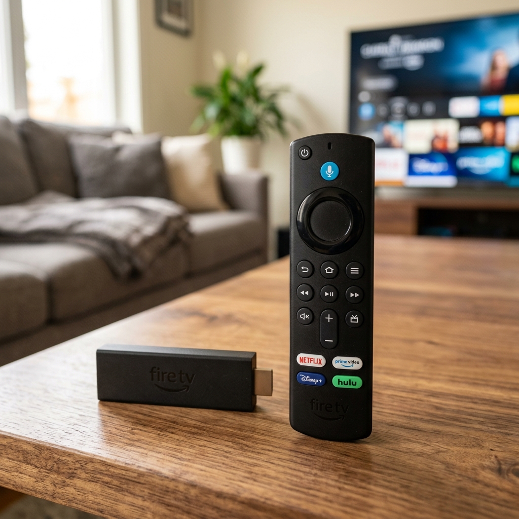 A close-up of an Amazon Firestick 4K Max remote control resting on a modern wooden coffee table