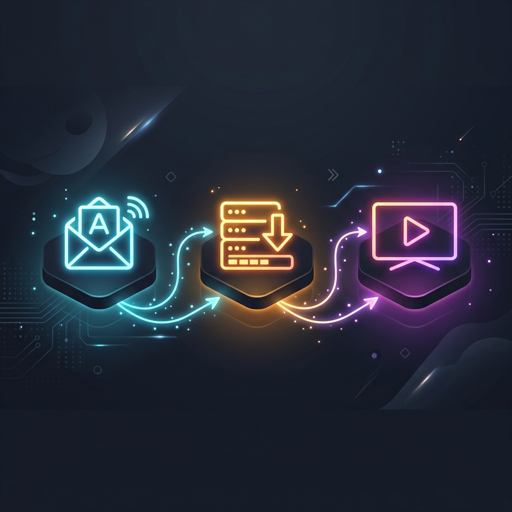 A clean infographic showing three simple steps connected by glowing lines: an email icon, a server download icon, and a play TV icon