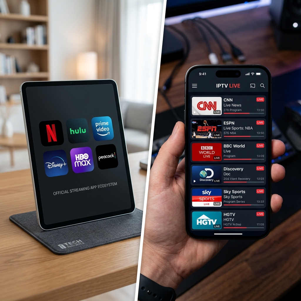 A split screen comparison of official streaming platforms and modern IPTV player dashboards