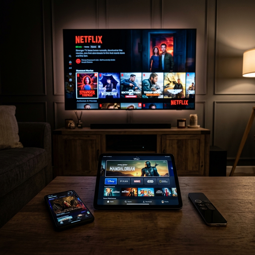 Various streaming devices including a Smart TV, a smartphone, and a tablet displaying the EagleCast TV interface