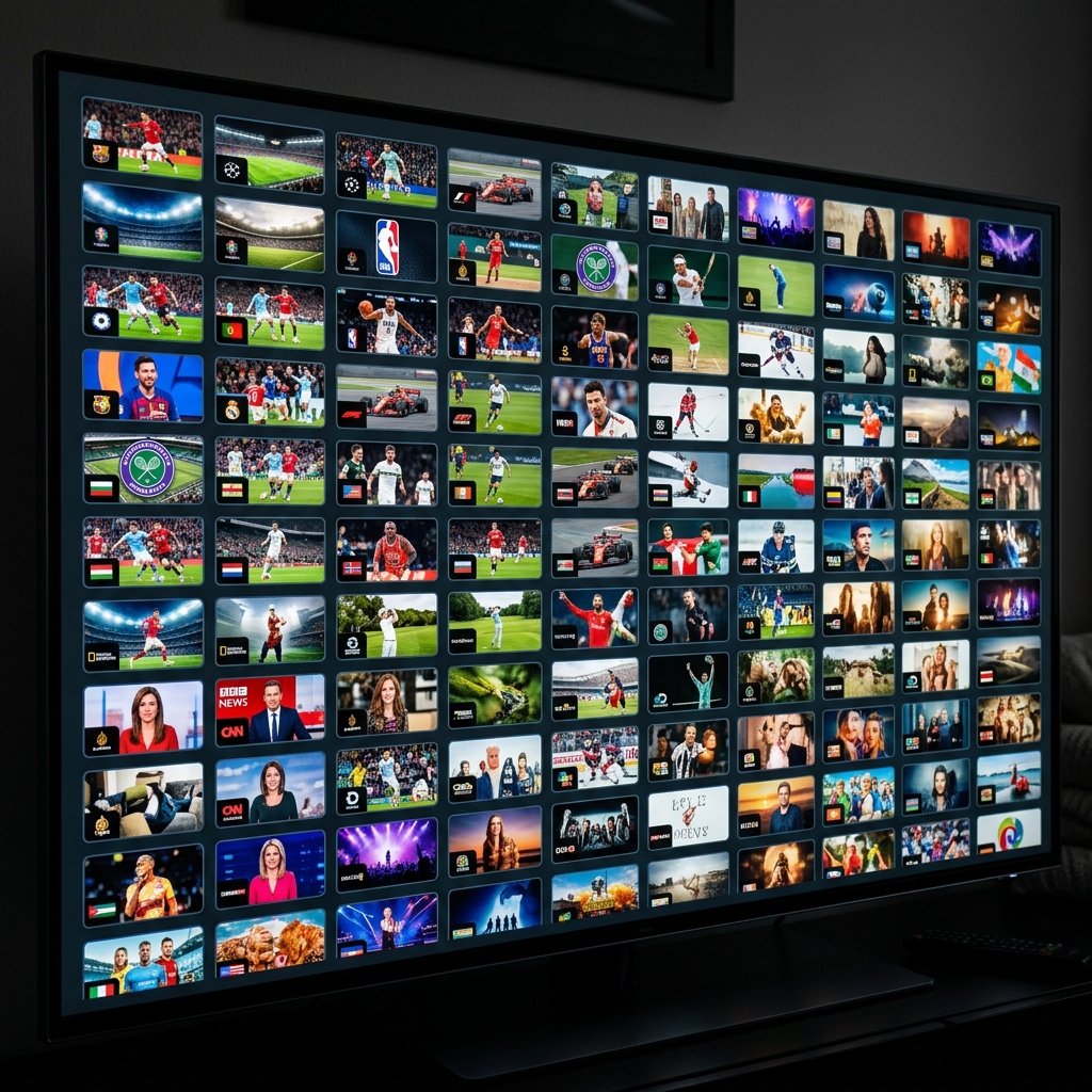 A professional close-up of a TV screen displaying a massive, organized library of global channels and high-definition sports feeds in a sleek grid