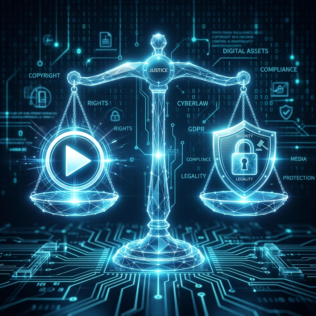 A conceptual digital scale representing digital copyright law and secure media streaming