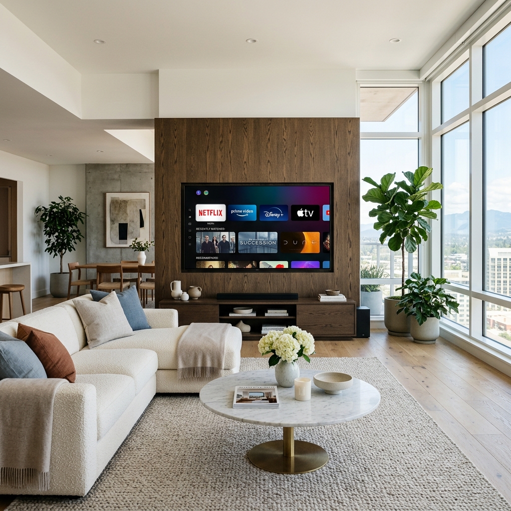 A modern smart TV in a sleek living room displaying a digital streaming interface representing premium IPTV services