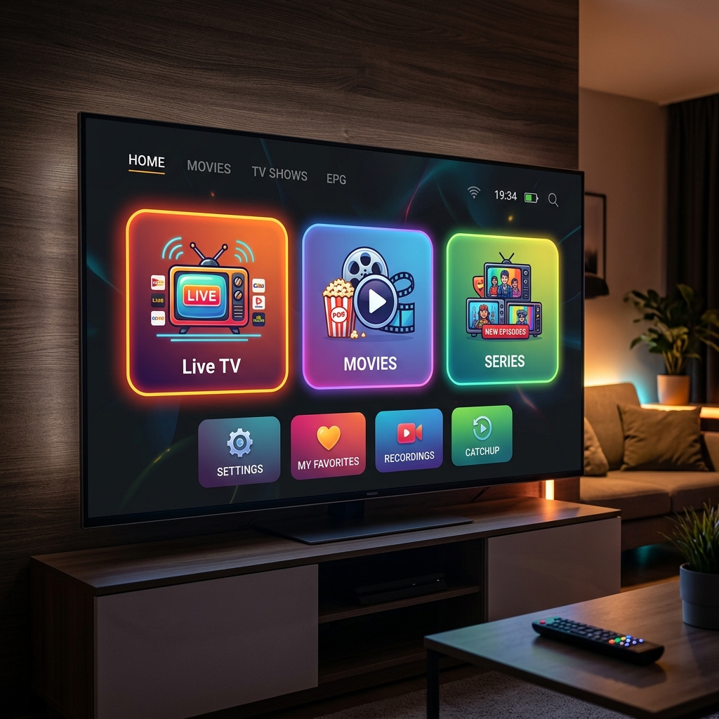 A modern dashboard on a TV featuring large, colorful, rounded square tiles indicating Live TV, Movies, and Series, resembling IPTV Smarters Pro