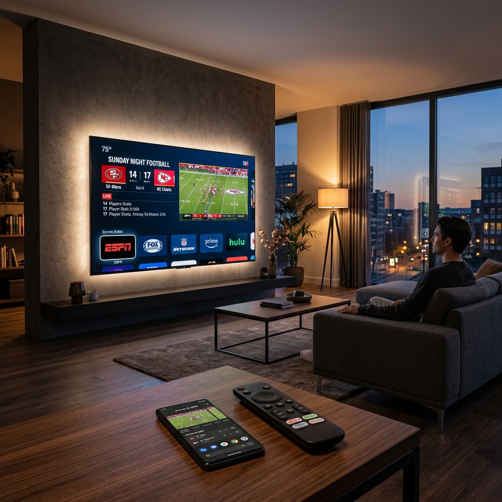 A modern living room with a high-definition smart TV streaming live sports via a premium IPTV service