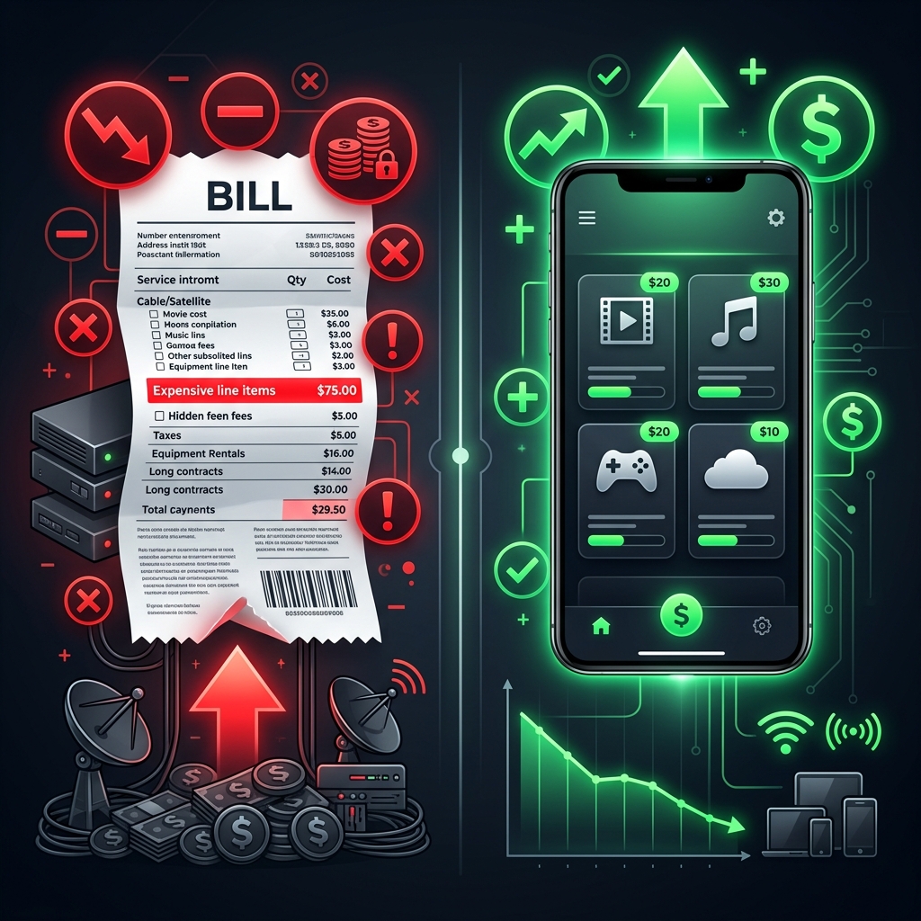 A sleek infographic style image comparing an expensive traditional cable bill with red indicators versus a clean, low-cost digital subscription interface in green