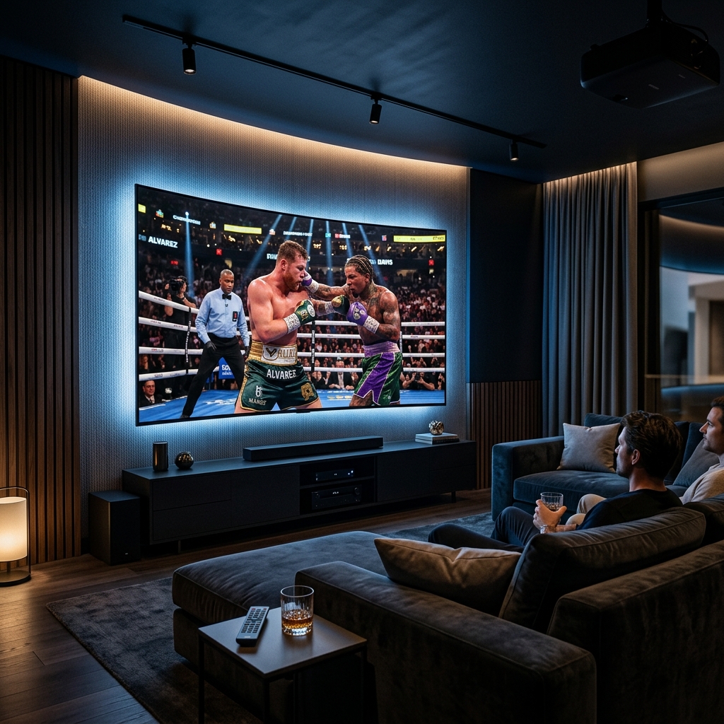 A cinematic, highly detailed 16:9 hero image showing a massive curved smart TV in a luxurious, dark home theater setting displaying a high-stakes championship boxing match