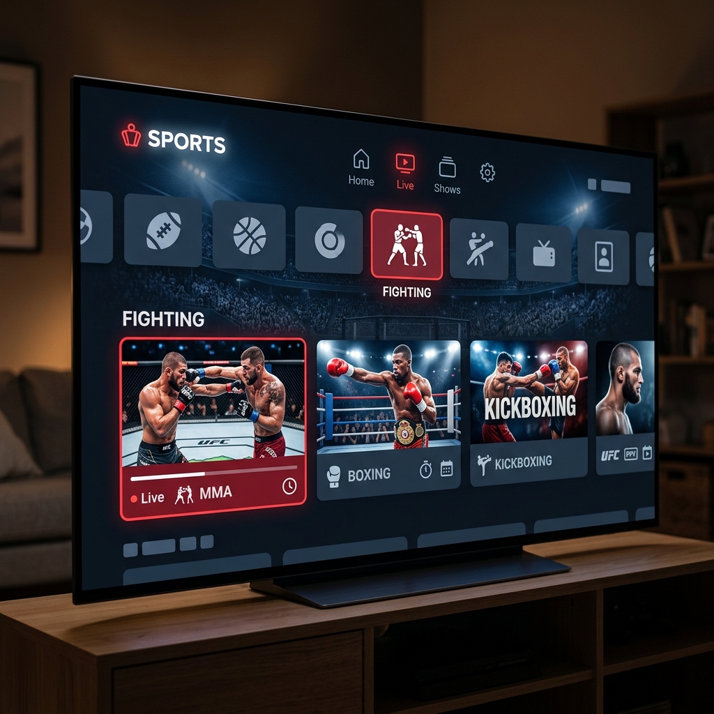 A professional, photorealistic 16:9 image showing a close-up of a premium streaming interface on a TV screen, focusing on a sports category menu for MMA and boxing