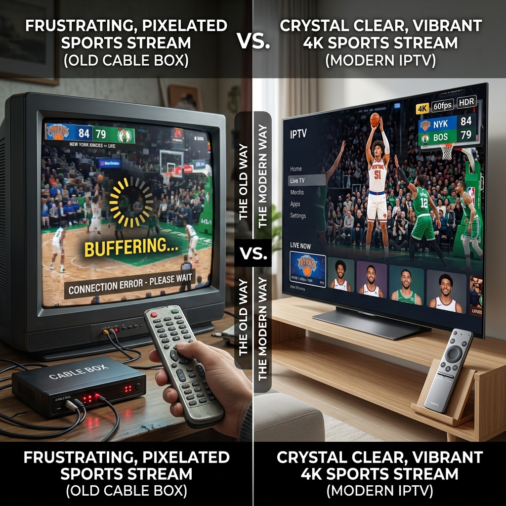 A split screen showing a buffering sports stream on cable versus a clear 4k sports stream on modern IPTV