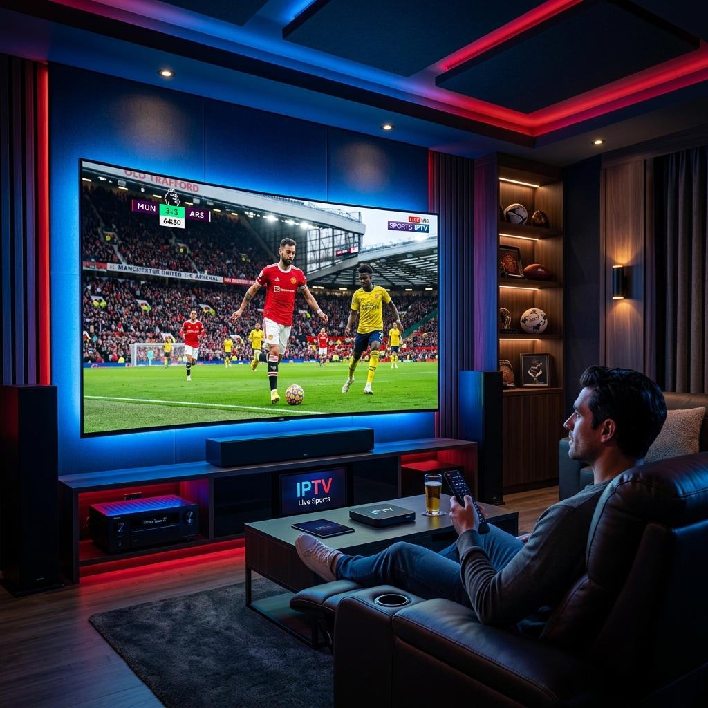 A massive curved TV screen showing a high-octane soccer match in a modern home theater, representing live sports on IPTV