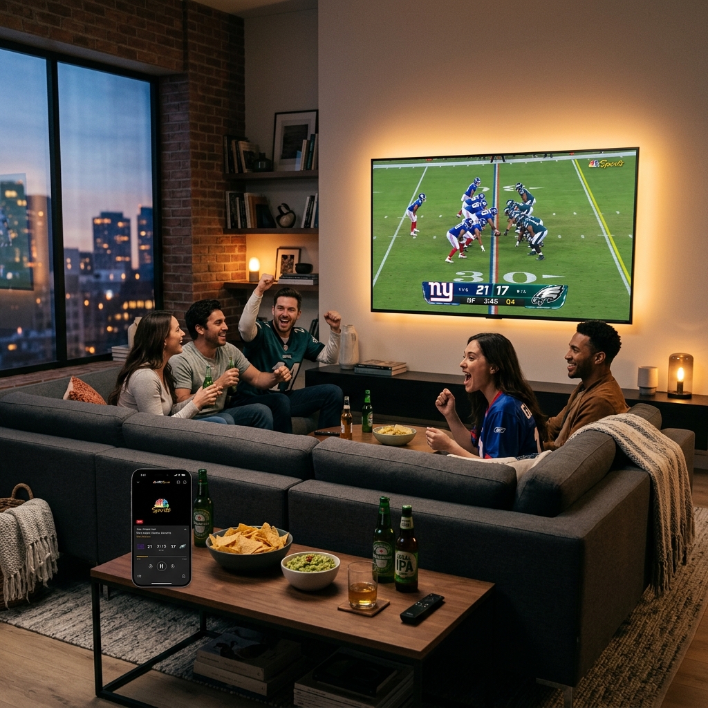 A modern living room with friends watching a live football game on a large flat-screen smart TV