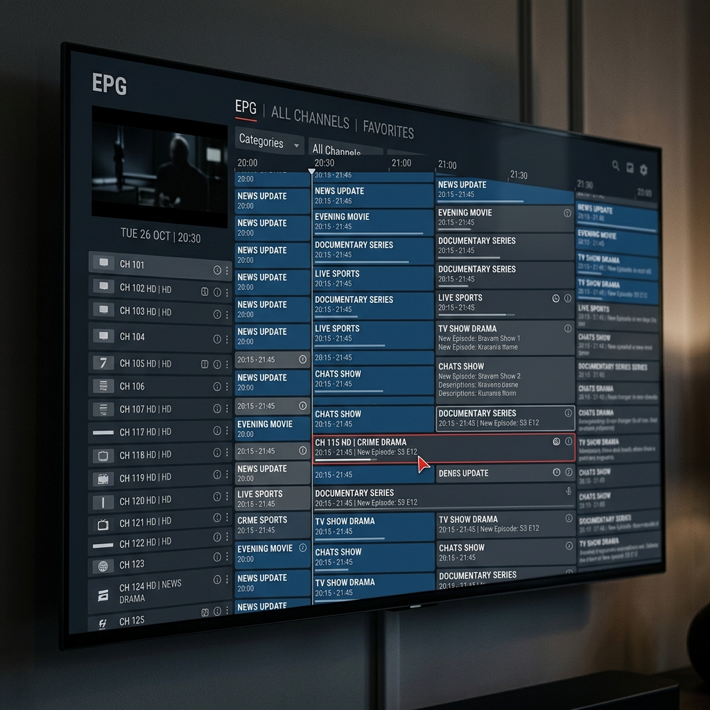 A photorealistic close-up of a premium, detailed Electronic Program Guide (EPG) interface on a TV screen, resembling TiviMate