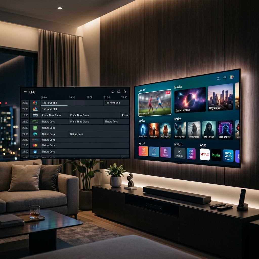 A cinematic hero image showing two modern smart TVs side-by-side; the left displaying TiviMate's EPG and the right displaying Smarters' tiled dashboard