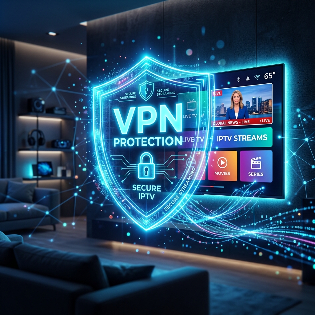 A glowing digital security shield hovering over a smart TV screen, representing VPN protection